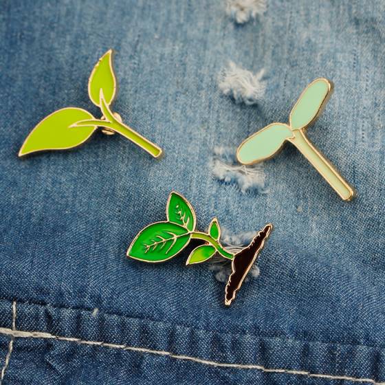 Enamel Brooch Lapel Pins Green Leaves Cactus Plant Sprout Budding Shoot Badge